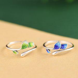 S925 Sterling Silver Enamel Leaf Adjustable Open Ring