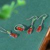S925 Sterling Silver Red Agate Lucky Bean Prong Set Pendant Ring Dangle Earrings