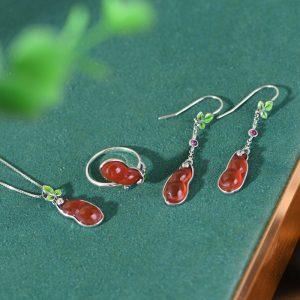S925 Sterling Silver Red Agate Lucky Bean Prong Set Pendant Ring Dangle Earrings