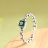Exquisite S925 Sterling Silver Square Green Cubic Zirconia Chain Solitaire Ring