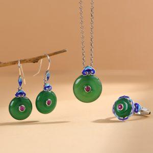 S925 Sterling Silver Green Agate Ping An Kou Donut Pendant Ring Drop Earrings