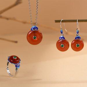 S925 Sterling Silver Red Agate Ping An Kou Donut Pendant Ring Drop Earrings