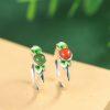 Fine Adjustable Open Ring, S925 Sterling Silver Enamel Leaf Inlaid Nanhong Red Agate Green Nephrite Ring