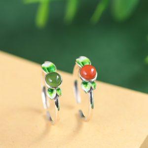 Fine Adjustable Open Ring, S925 Sterling Silver Enamel Leaf Inlaid Nanhong Red Agate Green Nephrite Ring