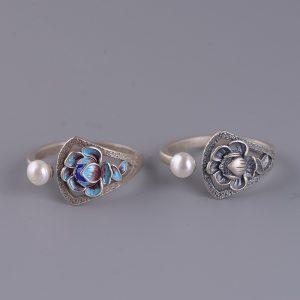 Retro S925 Sterling Silver Cloisonne Enamel Peony Flower Ring Inlaid with Pearl