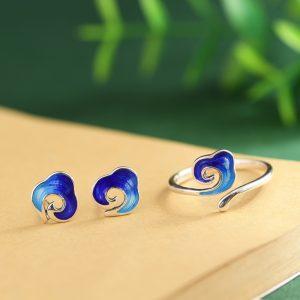 S925 Sterling Silver Enamel Auspicious‑Cloud Ruyi Adjustable Ring and Stud Earrings