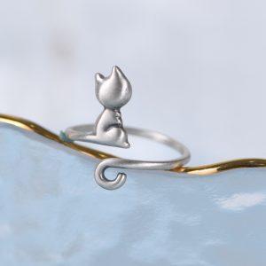 S925 Sterling Silver Cute Long‑Tailed Kitten Adjustable Ring