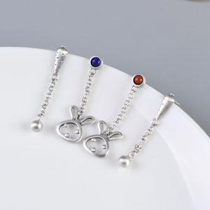 S925 Sterling Silver Mismatched Bunny Carrot Tassel Dangle Earrings