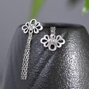 S925 Sterling Silver Openwork Floral Tassel Dangle Earrings