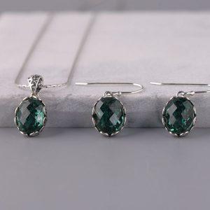 S925 Sterling Silver Oval Green Faceted CZ Pendant Drop Earrings
