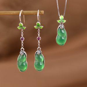 S925 Sterling Silver Green Agate Lucky Bean Pendant Ring Dangle Earrings