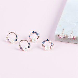 S925 Sterling Silver White Shell Flower CZ Pendant Stub Earrings